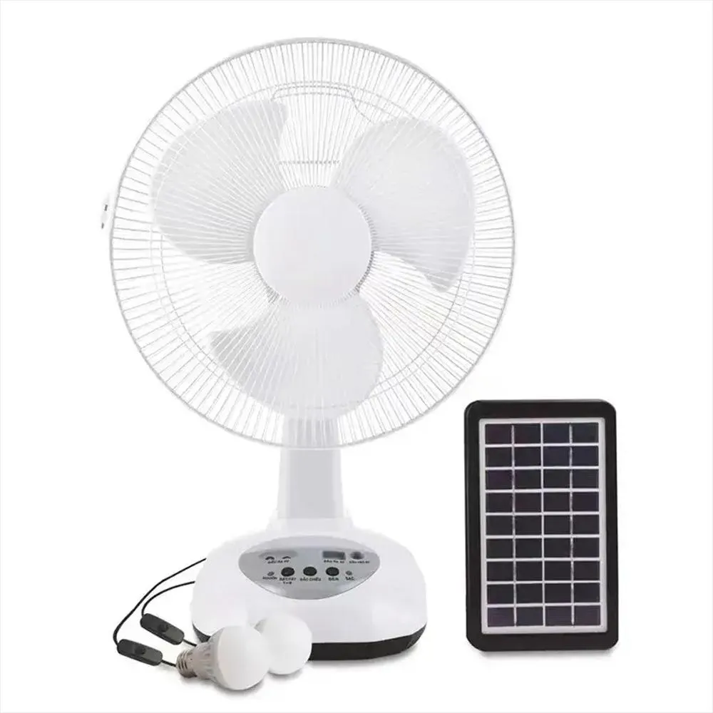 Ventilador Recargable 12" con Panel Solar y 2 Bombillos